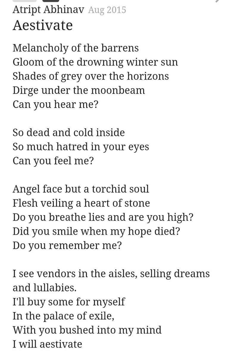 AtriptAbhinav's tweet photo. In the palace of exile,
With you bushed into my mind
I will aestivate
- Atript Abhinav
#poetry #aestivate #gloom #love #poetrycommunity #poetrylovers #poetrytwitter #writerslift #writerslife #WritingCommunity #vssdaily #vsspoem #PoemADay #AtriptAbhinav #Nepal https://t.co/BFPhoCmO3K