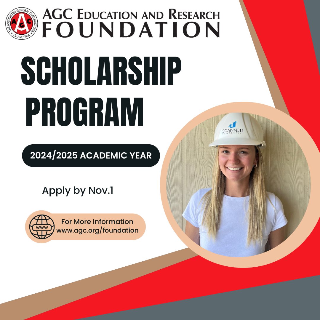 🎓 Calling all Construction Management and Engineering students! 🎓The AGC Foundation offers scholarships up to $7,500 to students in ABET/ACCE-accredited programs. Don't miss out! Apply by Nov. 1. 
#ConstructionEducation #AGCFoundation bit.ly/3ZCUZAS