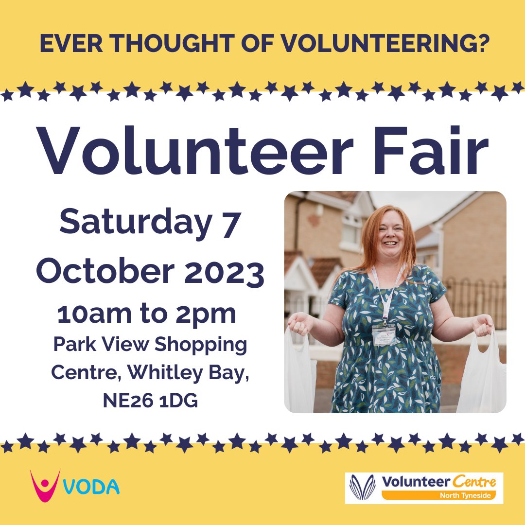 NTynesideVODA's tweet photo. Have you ever thought of volunteering? Want to know more about #MicroVolunteering? Pop along to our #NorthTyneside Volunteer Fair, Saturday 6 October at Park View Shopping Centre #WhitleyBay https://t.co/ucpwTDsXWr
