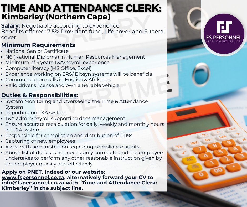 FS_PERSONNEL's tweet photo. Time and Attendance Clerk: Kimberley (Northern Cape)

Apply on PNET, Indeed or our website: https://t.co/HKAEKZni2N, alternatively forward your CV to info@fspersonnel.co.za with “Time and Attendance Clerk: Kimberley” in the subject line. https://t.co/F56VwFfNve