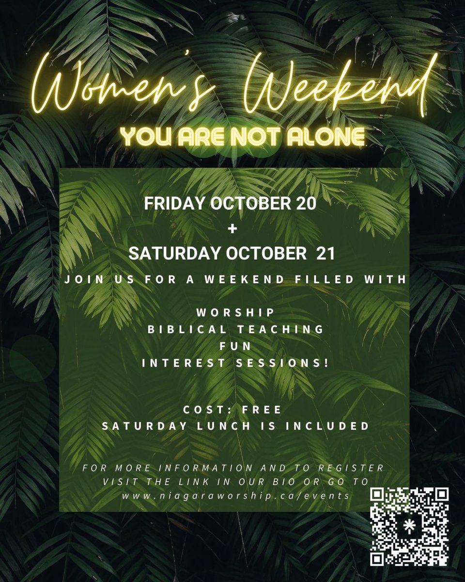 WorshipNiagara's tweet photo. ⚠️ WOMEN'S WEEKEND ⚠️ 
You are NOT Alone! Join us for a weekend of connecting and deepening your faith!
The first 50 registrants get a free gift, so don't delay. Register today by going to the link in our bio or going to https://t.co/vPBqC2wCsH https://t.co/DAYNDIa1jP