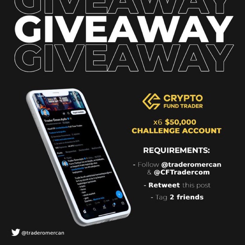 6 kişiye 50.000$ toplamda 300.000$ lık fon dağıtıyorum. 
<a href="/CFTradercom/">Crypto Fund Trader</a> <a href="/traderomercan/">Trader Ömer</a> 
Takip ✅ 
Bu twiti retweetle ✅ 
2 arkadaşını etiketle ✅

Türkiye’de operasyonlarını yürüttüğüm ana partnerim <a href="/CFTradercom/">Crypto Fund Trader</a> ile sık sık fon dağıtmaya devam edeceğiz. 

Hem kripto hem forex