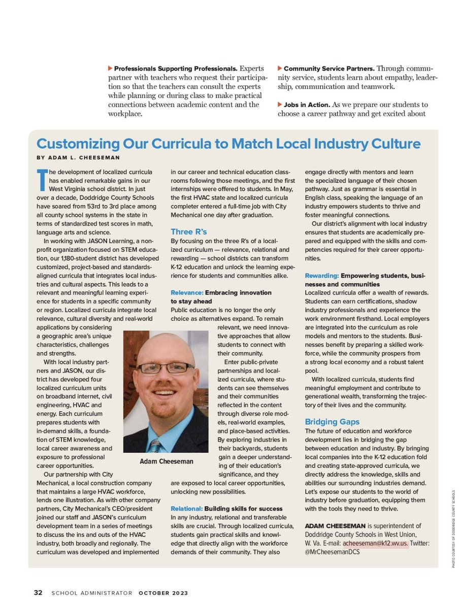 Big thanks to the @AASAHQ magazine for publishing this article in October’s edition! Blessed to serve Doddridge County Schools and looking forward to continuing to “Customize our Curricula to Local Industry!”#UnitedToMakeADifference #AASAMag @JASONLearning @nrea1 @Rural_Schools
