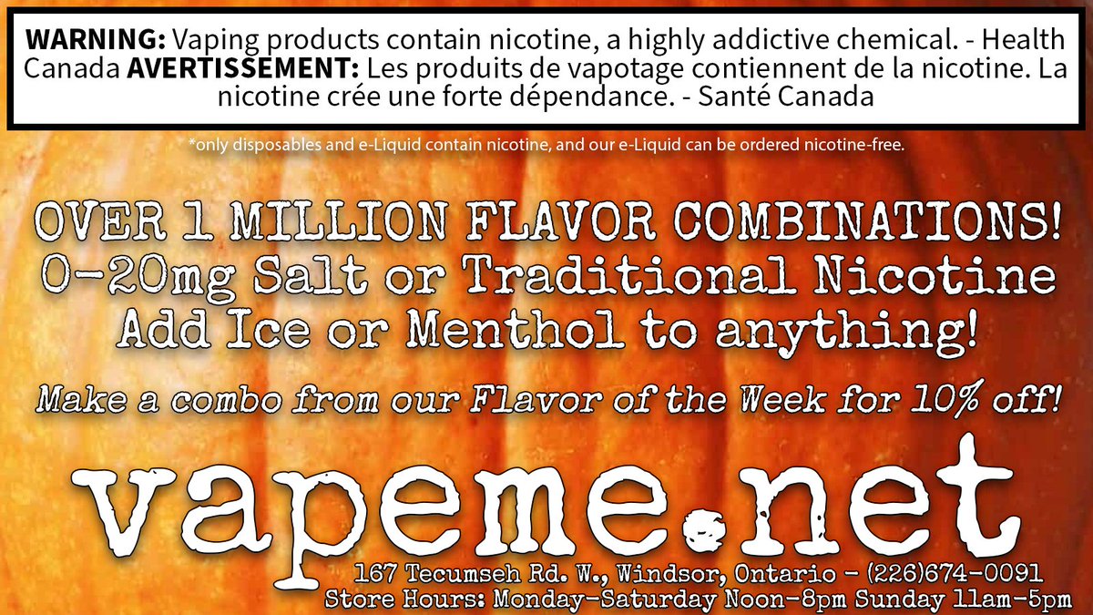 vapemedotnet's tweet image. New! #vapeme FOTW combos! Thousands of possibilities! 10% off.
0-20mg Salt or Traditional Nicotine/Adjustable VG %!
Try Pumpin Spice by itself or combo'd up with one or two more flavors!
vapeme.net/shop/e-liquid-…