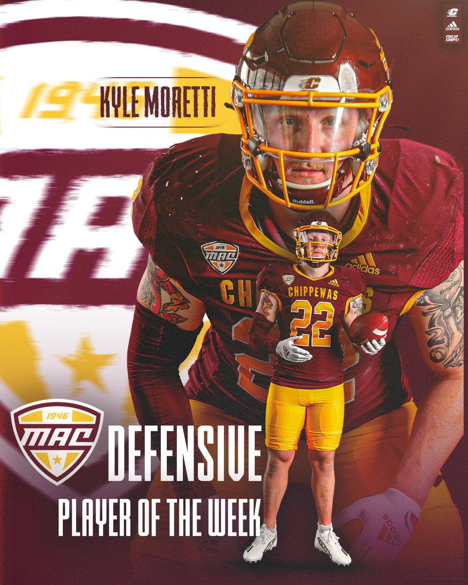 CMU_Football's tweet photo. 🏈 𝙈𝘼𝘾 𝙋𝙇𝘼𝙔𝙀𝙍 𝙊𝙁 𝙏𝙃𝙀 𝙒𝙀𝙀𝙆 🏆

Kyle Moretti - MAC West Defensive Player of the Week

📰 https://t.co/ixkHpuLiZA

#FireUpChips 🔥🆙🏈 https://t.co/II2OGCw9X2