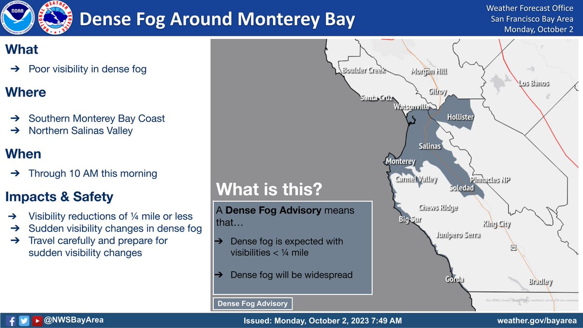 NWSBayArea's tweet photo. Good morning! We have issued a Dense Fog Advisory for the Monterey coastal region as well as the Northern Salinas Valley. This will expire at 10am. #CAwx #Fog #StratusQuo https://t.co/zl7KEXuUH3