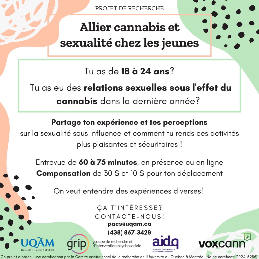 Nous recherchons des personnes participantes pour une étude sur la sexualité sous l'influence du cannabis! 

C'est par ici: tradis.uqam.ca/allier-cannabi…