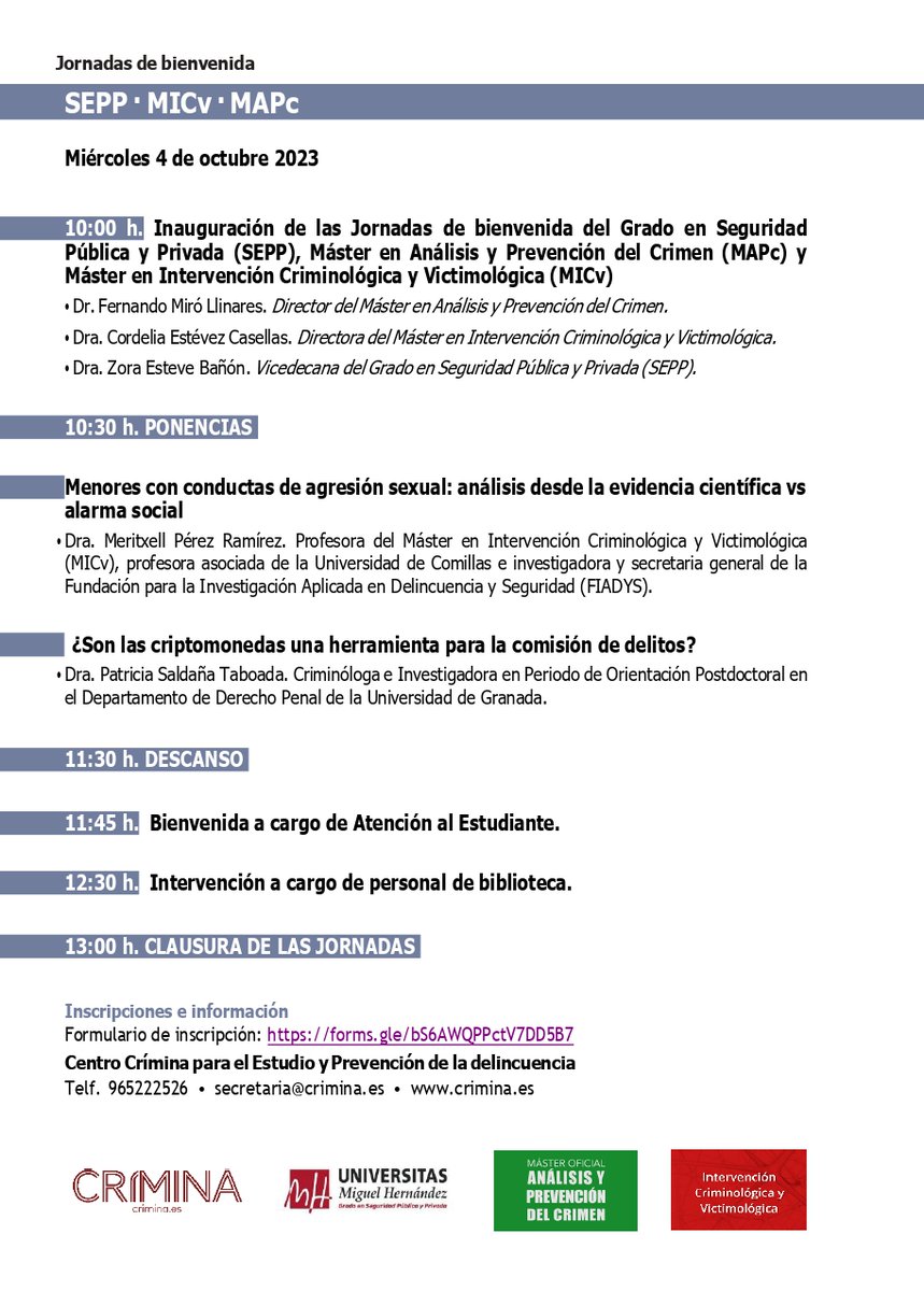 CriminaUMH's tweet photo. 🥳Estás a tiempo de inscribirte en las Jornadas online de Bienvenida del 🗓️4 de octubre: 

✅Grado en Seguridad Pública y Privada

✅Máster en Análisis y Prevención del Crimen 

✅Máster en Intervención Criminológica y Victimológica

🖱️¡Inscríbete ya!👇🏽

https://t.co/T5LXPbgLFK https://t.co/WHoIcdcS2q