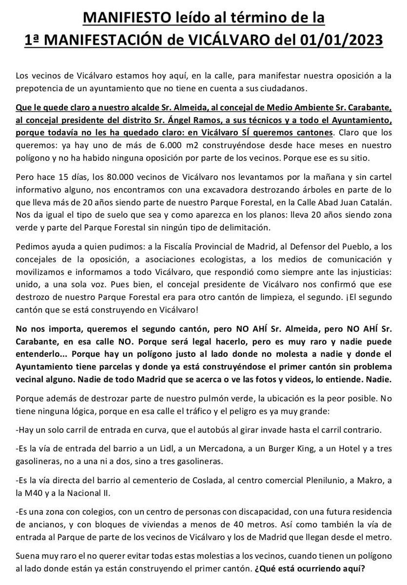 NOCantonVicalv's tweet photo. MANIFIESTO leído al término de la multitudinaria #manifestación de ayer domingo 1 de octubre en #Vicalvaro, por la Plataforma de vecinos afectados por el segundo cantón de limpieza del Parque Forestal. #ParadObrasYA #SalvemosNuestroParqueForestal #ReubicacionEnPoligono https://t.co/TeAb5WbWRV
