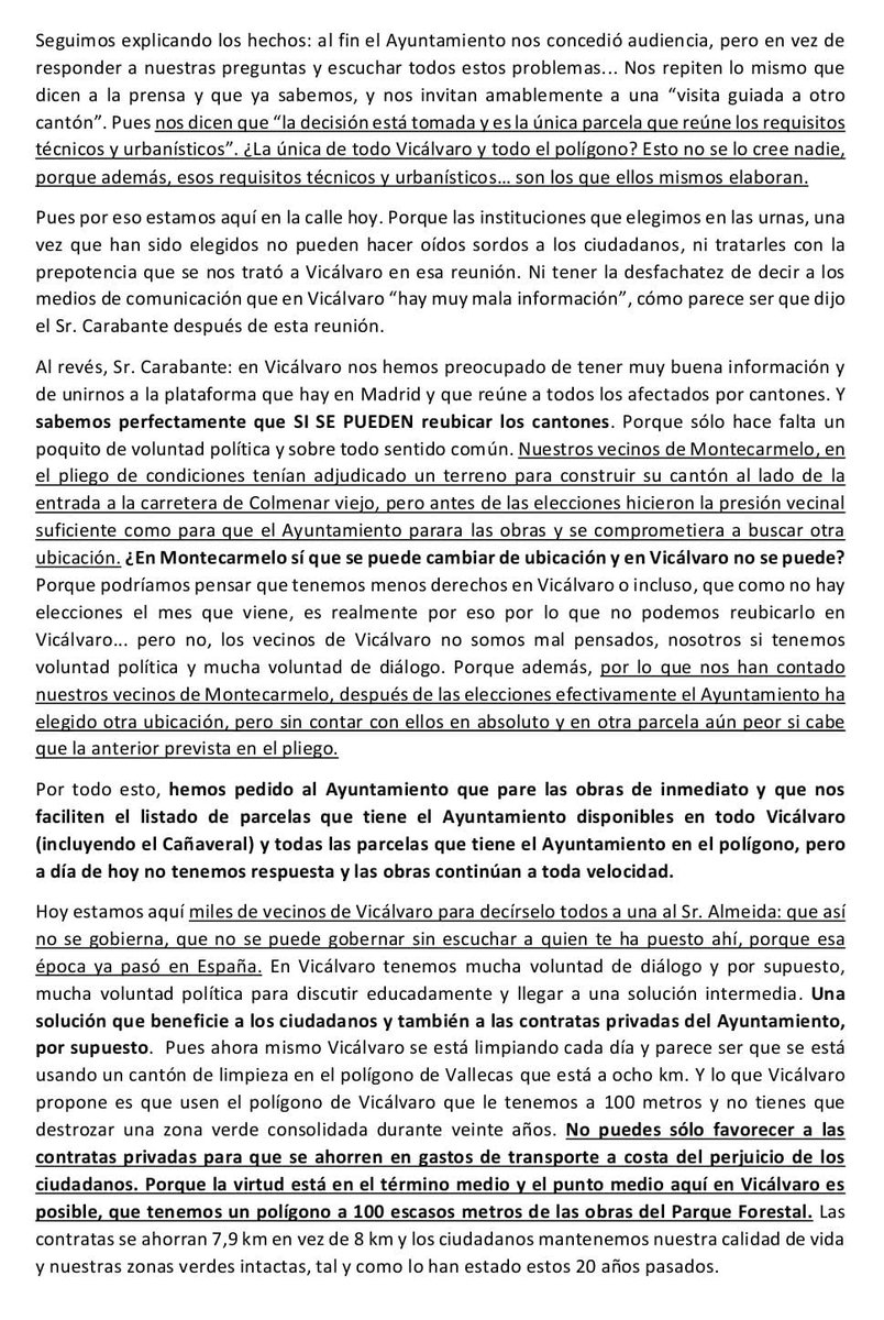 NOCantonVicalv's tweet photo. MANIFIESTO leído al término de la multitudinaria #manifestación de ayer domingo 1 de octubre en #Vicalvaro, por la Plataforma de vecinos afectados por el segundo cantón de limpieza del Parque Forestal. #ParadObrasYA #SalvemosNuestroParqueForestal #ReubicacionEnPoligono https://t.co/TeAb5WbWRV