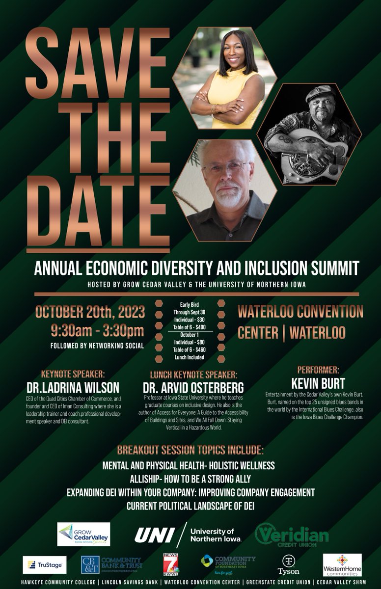 Primary keynote is Dr. Ladrina Wilson, CEO of the Quad Cities Chamber of Commerce. An amazing speaker who has accomplished a great amount. Our lunch keynote, Dr. Arvid Osterberg is an expert on accessible design and ADA; he will certainly deliver a great presentation
