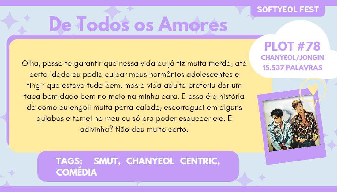 softyeolfest's tweet photo. ⤷ De Todos os Amores
☁️ Chanyeol/Jongin
☁️ PWP, Smut, Chanyeol Centric, Comédia
☁️ #PLOT78 | 15.537 palavras
» https://t.co/gtCasXAgid https://t.co/uN84SMzOaG