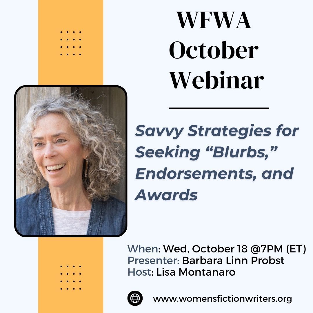 WF_Writers's tweet photo. Join Barbara Linn Probst for savvy strategies for seeking 'blurbs,' endorsements and awards. 
Free for members! (Replays available after the event on our website!)

Join us via the link in our bio.

#webinar #womensfiction #blurbs #endorsements #awards #freetomembers https://t.co/HfLIkpiiWs