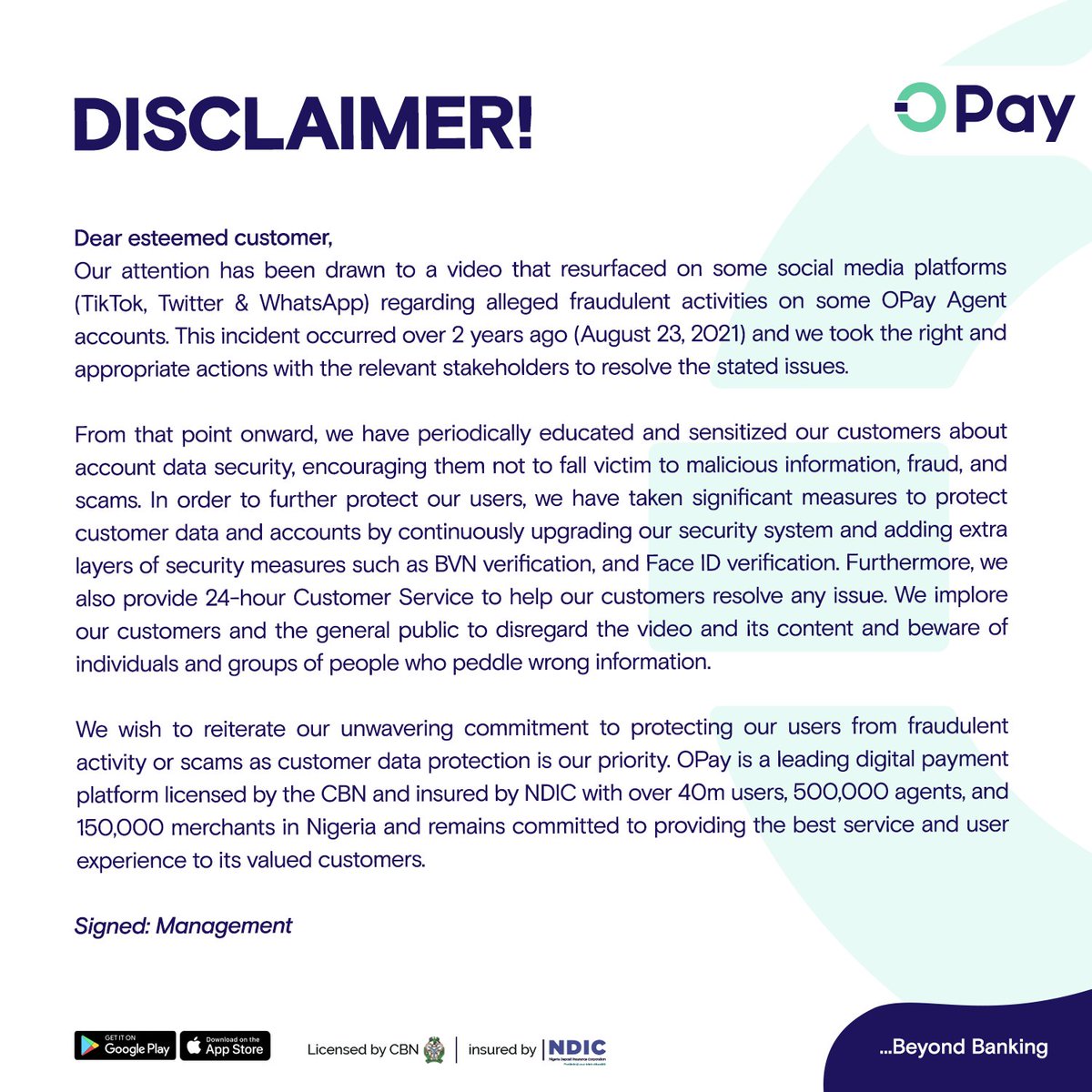 OPay_NG's tweet photo. OPay is safe &amp; Secure 🔐, Your funds and accounts are safe with OPay ALWAYS! Kindly ignore fake news and posts.

Thank you for trusting OPay.

#OpayBeyondBanking https://t.co/H7fUlXGl7j