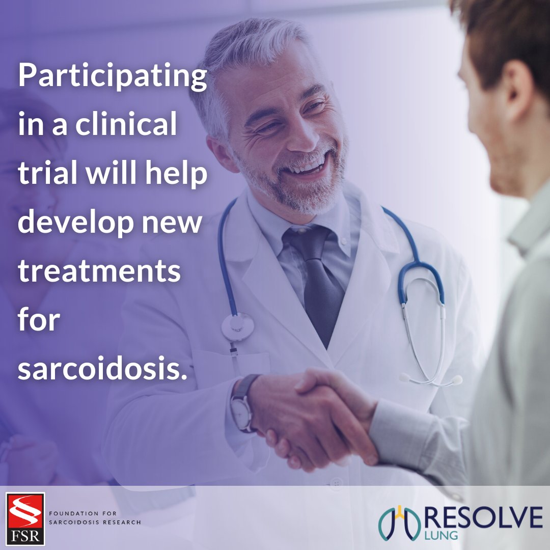 StopSarcoidosis's tweet photo. Consider enrolling in a clinical trial to help make new treatments possible.

Learn more about RESOLVE-Lung and see if you are eligible here: https://t.co/KJ829sfvYC

#sarcoidosis #clinicaltrial #sarctwitter #raredisease #resolvelung https://t.co/i1slqx88Pg