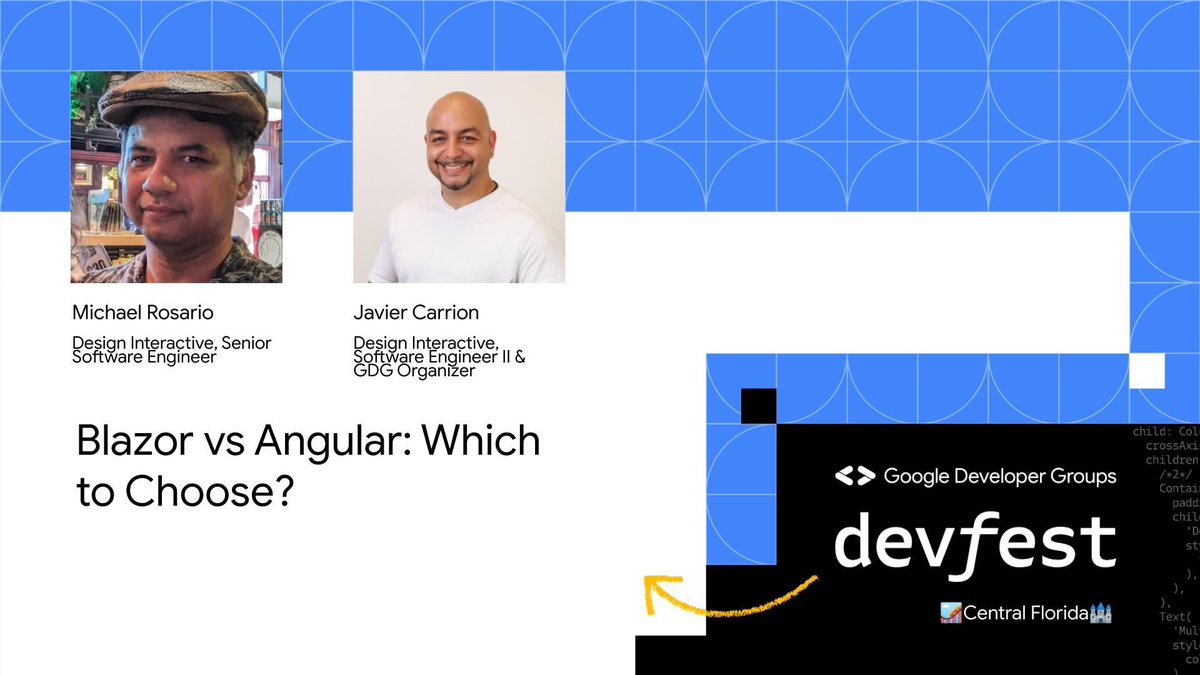 Blazor or Angular: Who takes the crown? 👑 Dive into the tech face-off with Michael Rosario &amp; Javier Carrion at #DevFestFl this Oct! From Angular's reactivity to Blazor's approach, get the scoop! 🚀🔍
🔗 Join - buff.ly/3Rb8MfU 
🔗 DevFest Info - buff.ly/2wzAMzv