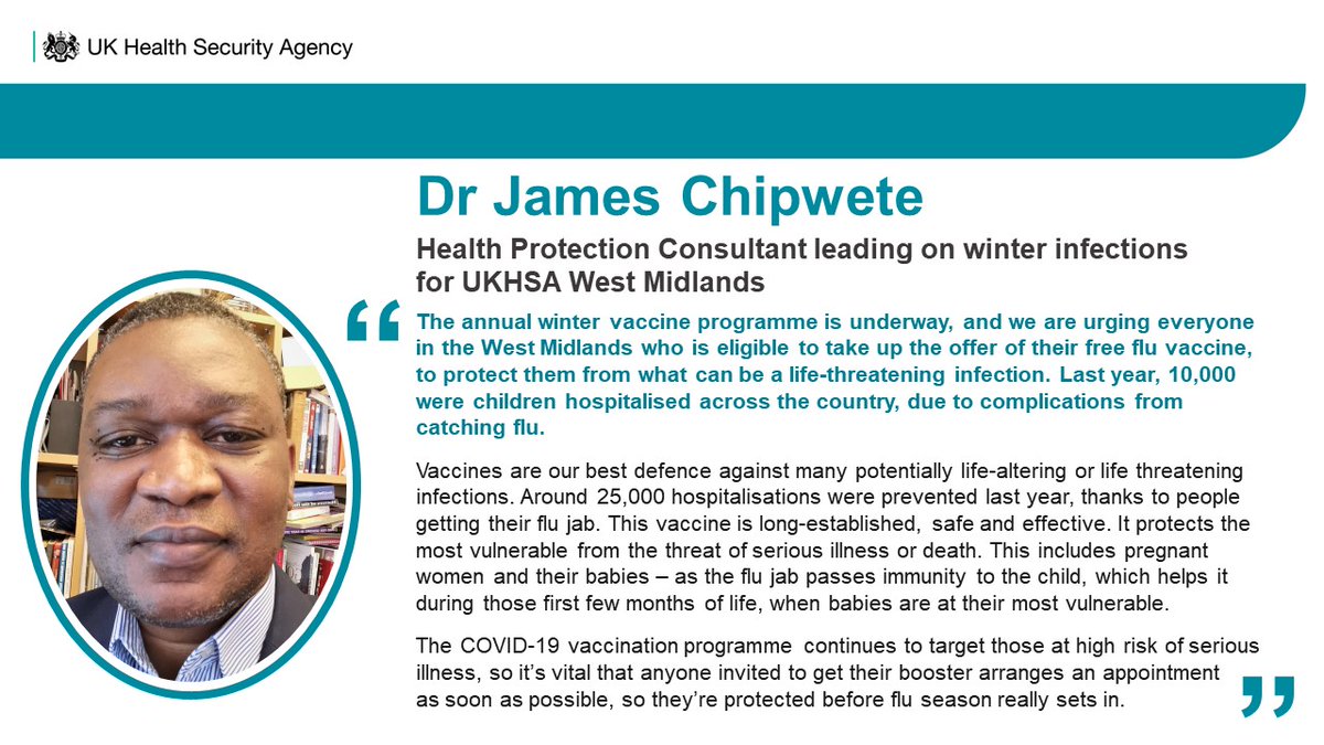 UKHSA_WestMids's tweet photo. #Flu or #COVID19 can be very dangerous + even life-threatening for some

The #FluVaccine + #COVIDvaccine reduce risk of serious illness in colder months

That's why our #WestMidlands #HealthProtection Consultant leading on #WinterInfections urges all eligible to #GetWinterStrong https://t.co/OuQCQ5iZ56