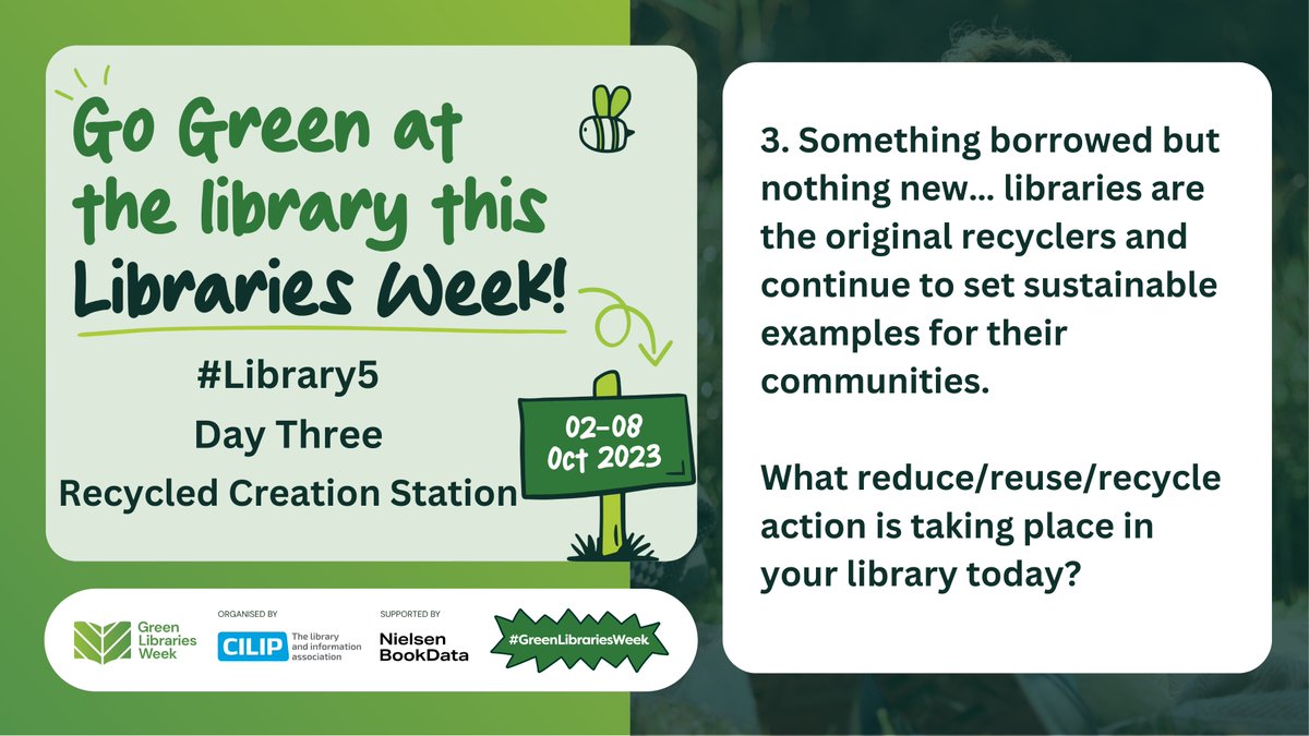 CILIPScotland's tweet photo. We're welcoming your something borrowed but nothing new approach on day 3 of #GreenLibrariesWeek!
In the spirit of #ReduceReuseRecycle we want to see what sustainability initiatives are taking place in your library! This way we can learn from one another! π±π
@librariesweek https://t.co/KEHOynhr9a