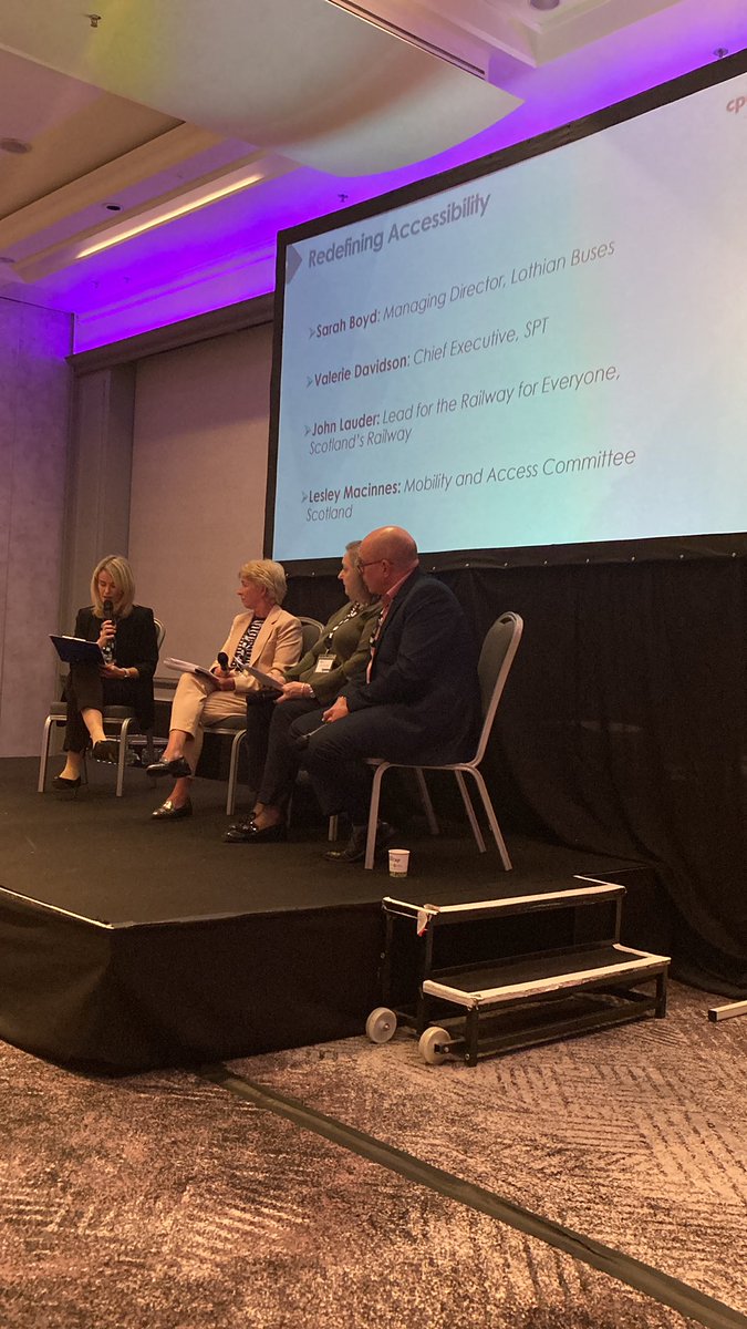 Our final session of day one is ‘Redefining Accessibility’ chaired by @on_lothianbuses MD Sarah Boyd, with @SPTcorporate Valerie Davidson, @WeAreMACS Lesley Macinnes and @John_Lauder 
#CPTScotCon23