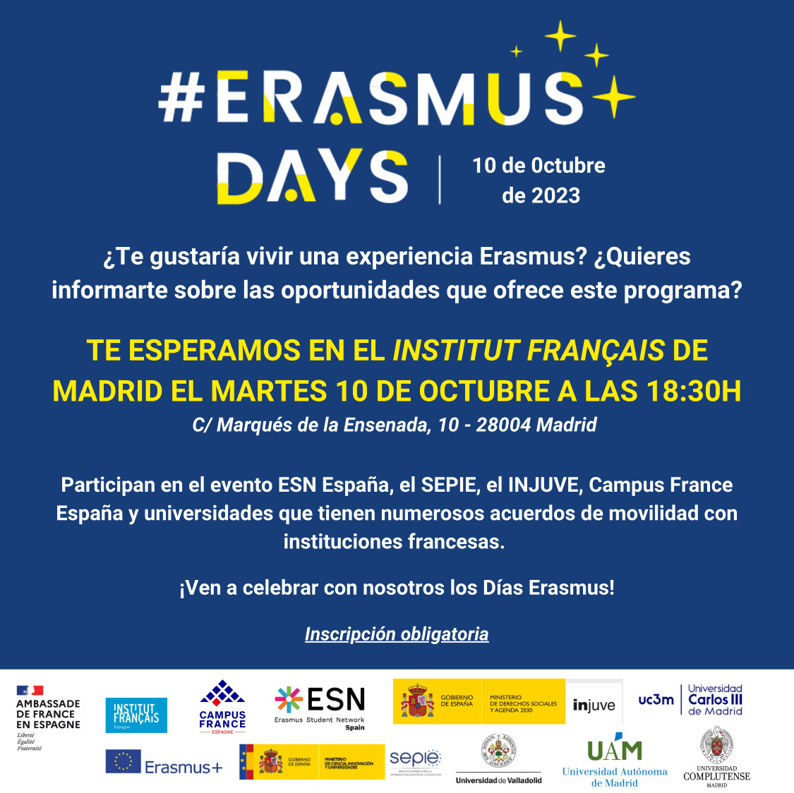 OficinaRI_UCM's tweet photo. Nuestras compañeras Lola Prieto, Jefa de la @OficinaRI_UCM y Andrea Martínez participarán en el evento informativo #ErasmusDays que organiza el @IF_Espana sobre movilidades #Erasmus 🇪🇺 .
📍Teatro del Institut français de Madrid
🗓️10-10-2023 18,30
@sepiegob @CampusFrance @ESNUCM https://t.co/n9xRNIOcAO