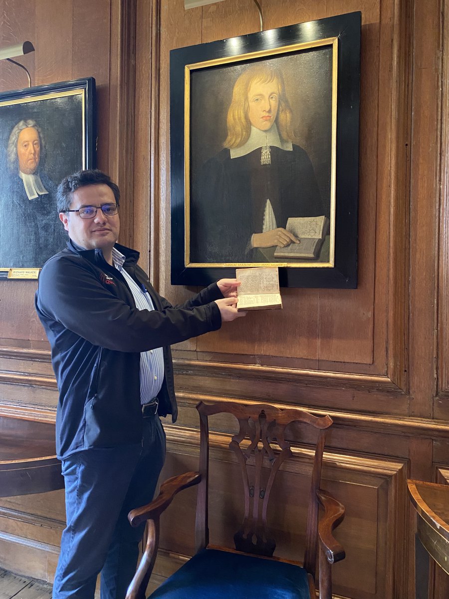 Last June I visited Trinity College, Cambridge and held a copy of Euclid owned and annotated by Isaac Newton. The same book is shown in the painting behind me. Hopefully, I'll soon be able to reveal the results of my inquiries about that painting. #MathHistory