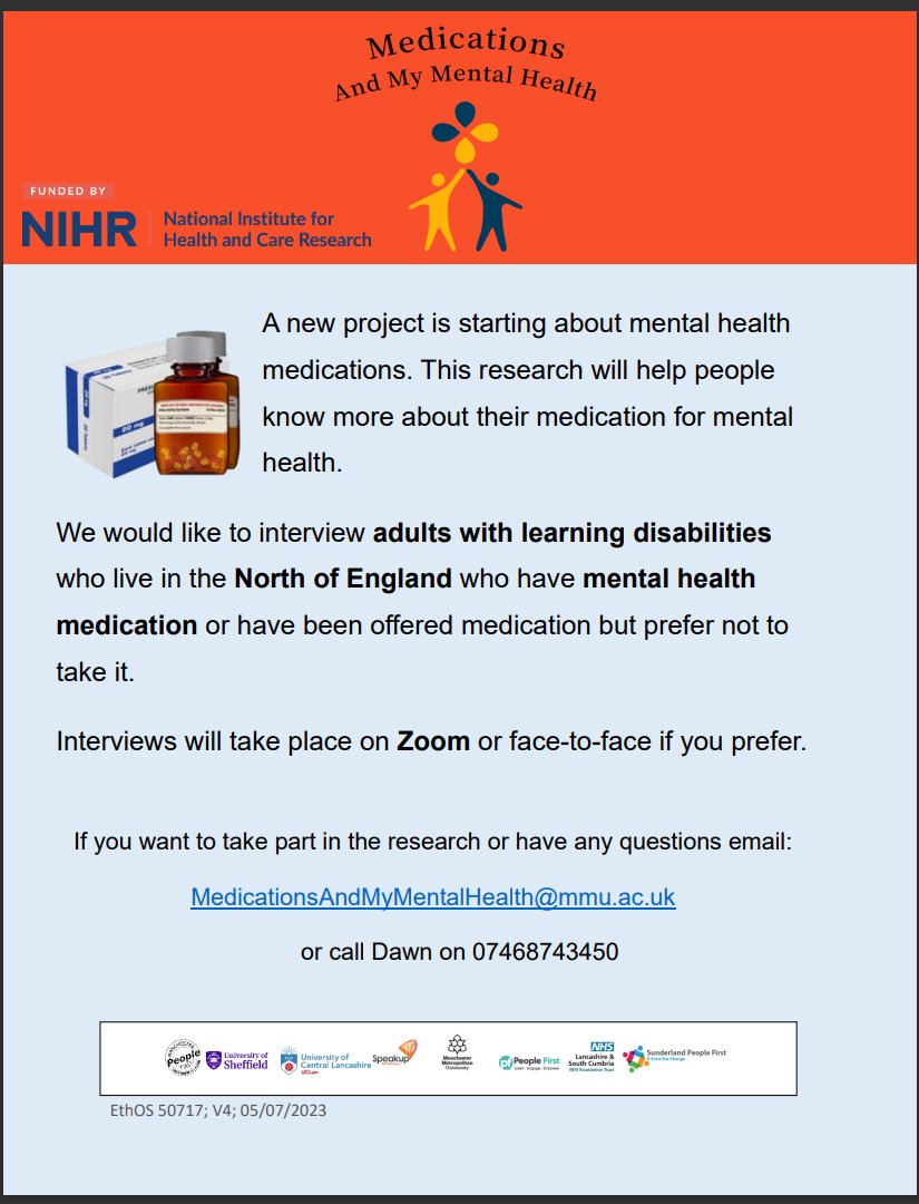Medications and My Mental Health (@medmentalhealth) on Twitter photo And we're off! 🚀
We'd like to interview people with learning disabilities living in the North of England about mental health medications. See pic for more details.
⬇️Please RT and share with your networks.
📧Email MedicationsAndMyMentalHealth@mmu.ac.uk for more info. And we're off! 🚀
We'd like to interview people with learning disabilities living in the North of England about mental health medications. See pic for more details.
⬇️Please RT and share with your networks.
đź“§Email MedicationsAndMyMentalHealth@mmu.ac.uk for more info.