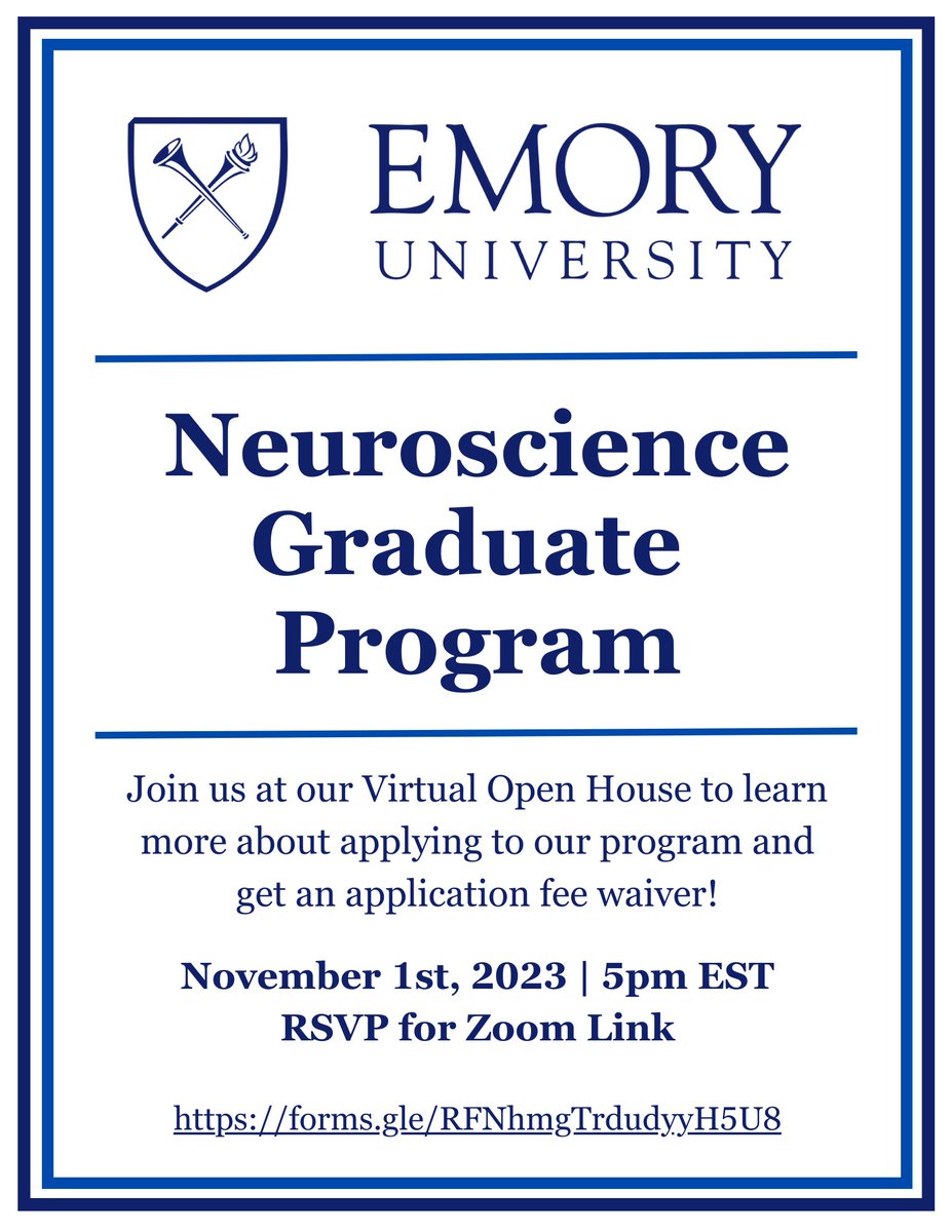 Prospective <a href="/neurophd_emory/">Emory Neuroscience PhD Program</a> students - please consider attending!

Virtual Open House // Wednesday, Nov 1st, 5-6 PM // RSVP for Zoom Link: forms.gle/d9x8EuxBggSH7e…

Prospective students who attend the open house will also receive an application fee waiver.