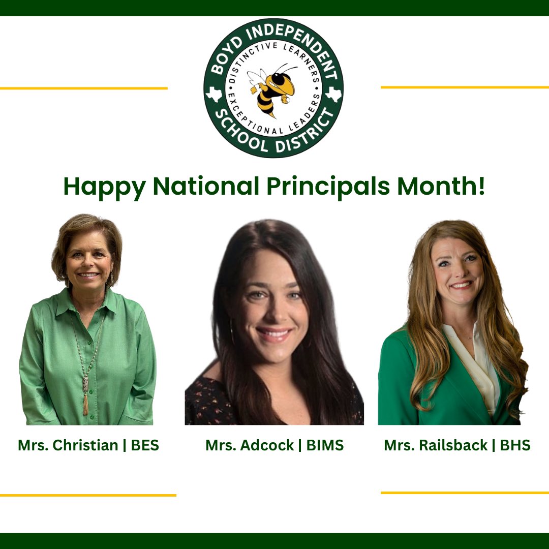 🍁 Oct is National Principals Month! 

🐝 Thank you <a href="/BoydJackets/">Boyd Yellowjackets</a> principals for your steadfast dedication to leading, supporting, &amp; growing our students and staff!

👏🏼 We appreciate you, Mrs. <a href="/meloniechristia/">Melonie Christian</a>, Mrs. <a href="/TexanMath1/">Alisen Adcock</a>, and Mrs. <a href="/JennRailsback/">Jennifer Railsback</a>!

#ThankAPrincipal