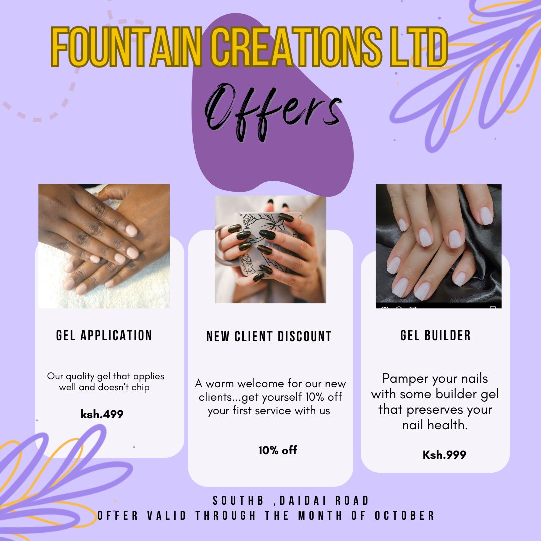 FCreations_'s tweet image. Let's start this October with some good news...

As we honour October, our nails services will be on offer. 

Get gel nails at ksh.499
Builder gel ksh.999

New client gets 10% their first service...

#octobervibes #nailsofinstagram #nailfies #nailaddict #nailparlour #nailbar
