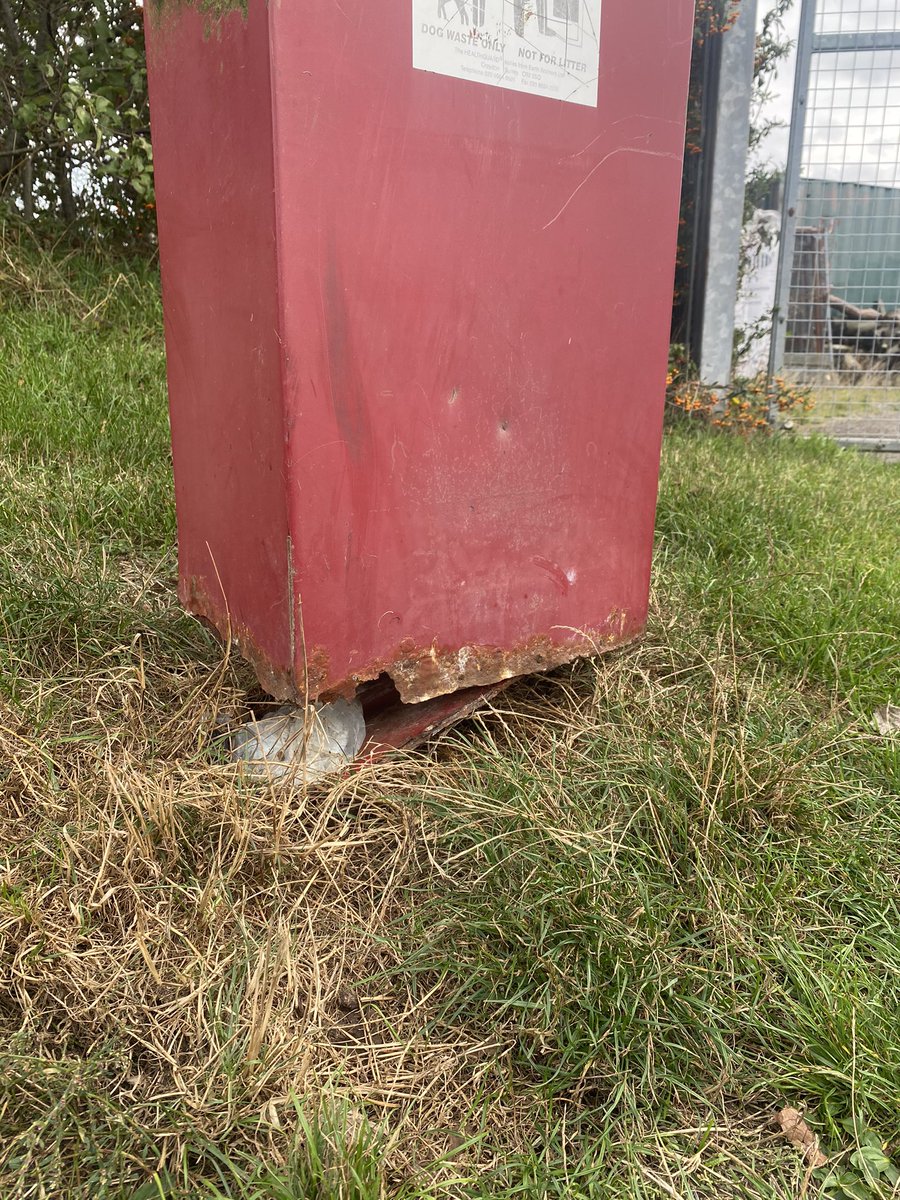 BecksYork's tweet photo. @ChelmsCouncil this dog poop bin on Beaulieu Recreational Ground has finally given way, the bottom has completely eroded away and poo bags are now falling out the bottom 🙈 The other two bins in the park are virtually the same. The smell is getting very bad as it’s so exposed! https://t.co/IPc6WwBBlS