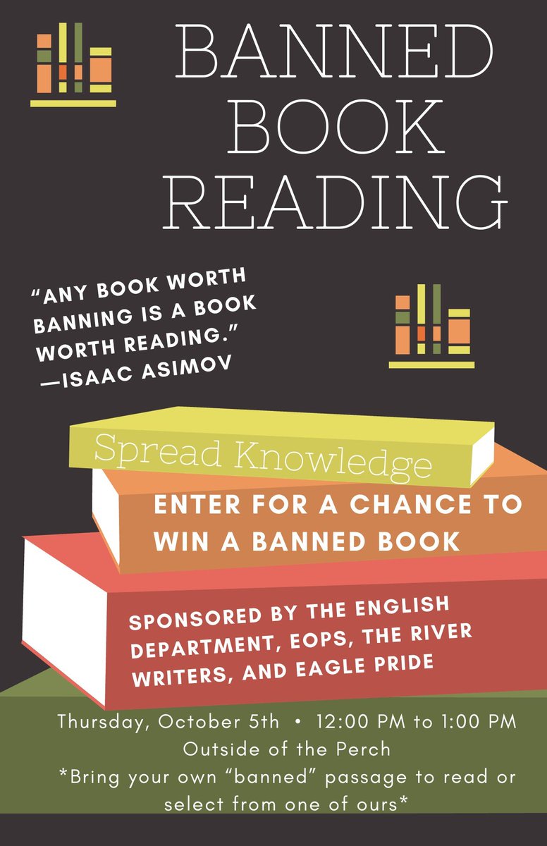 FRCPrez's tweet photo. Enjoy the #BannedBook reading from FRC English Dept, River Writers, and Eagle Pride on Thursday. #EOPS will have banned books available in their office. This is a great opportunity to highlight and celebrate free expression and the importance of intellectual freedom. https://t.co/cooRnI2dG2