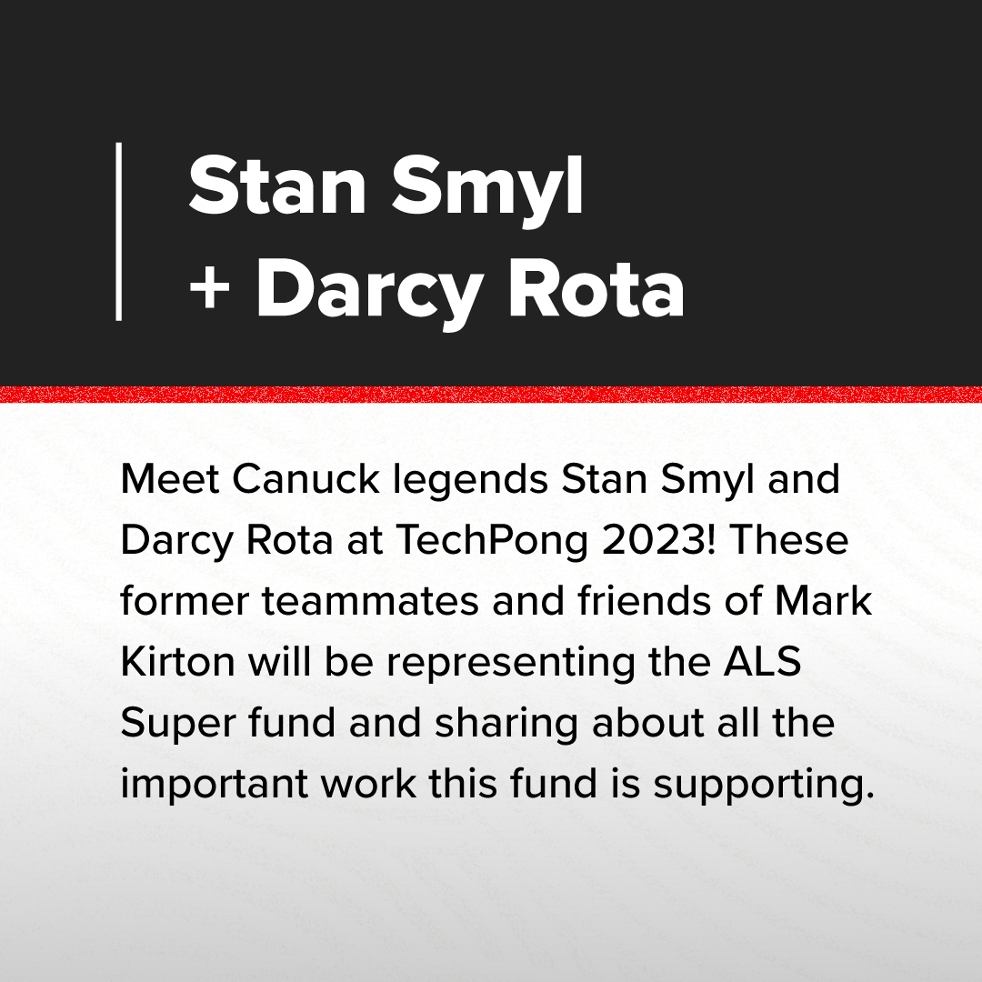 wearecharitable's tweet image. On Oct 19th, Science World will be transformed for #TechPong 2023. 

We are excited to announce that Vancouver Canuck alumni Stan Smyl and Darcy Rota will be in attendance to meet fans and raise awareness about the ALS Super Fund. #EndALS 

Tickets at Techpong.ca