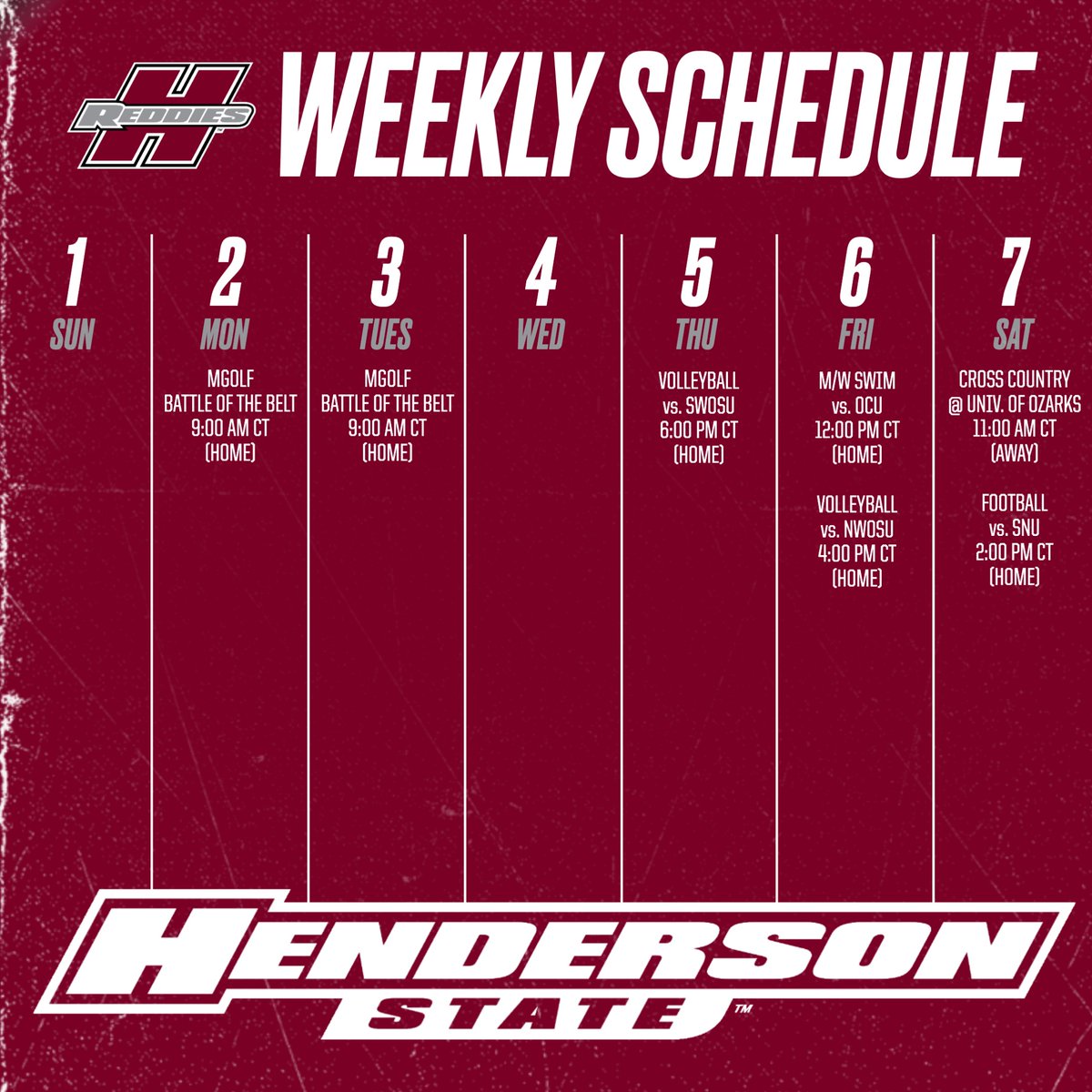 Back-to-back home matches for volleyball on Thursday and Friday, followed by a big home football game on Saturday afternoon against Southern Nazarene!

You've got tons of opportunities to see the Reddies here in Arkadelphia this week ⤵️

#NoMereBeast