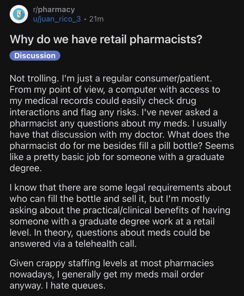 BCB_PharmD's tweet photo. A question from a lay person on the pharmacy subreddit today. We seriously need some PR assistance for the profession or something. https://t.co/5j8Jcgzyqp