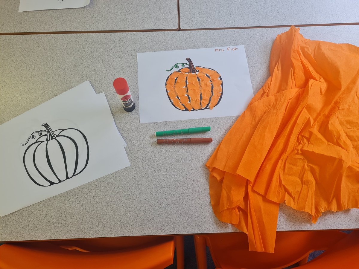 littleacorns_bc's tweet photo. @GilberdykeRocks the children are creating pumpkin art this week using crepe paper and felt tips. The challenge is to stay in the lines. https://t.co/ol4hjorvB1