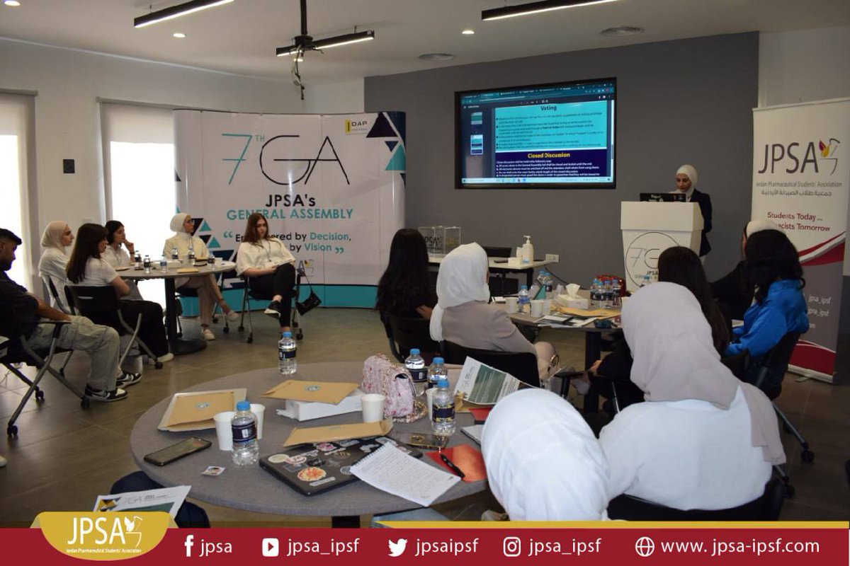 JPSAIPSF's tweet photo. JPSA’s 7th General Assembly 
"Empowered by Decision, Driven by Vision” ✨

اختتامًا للسنة التنفيذية 2022/2023 تم عقد التجمع العام لجمعية طلاب الصيدلة الأردنية بدورته السابعة "7th General Assembly" على مدار ثلاثة أيام.

#JPSA 
#IPSFemro https://t.co/XcTUtuxQgC