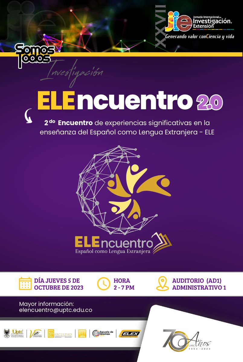 🔎 #JornadaUPTCXXVII | Te invitamos a participar del 2.º Encuentro de experiencias significativas en la enseñanza del Español como Lengua Extrajera - ELE. ¡No te lo pierdas! 👍👇

Conoce más 🖱👇
uptc.edu.co/sitio/portal/s…