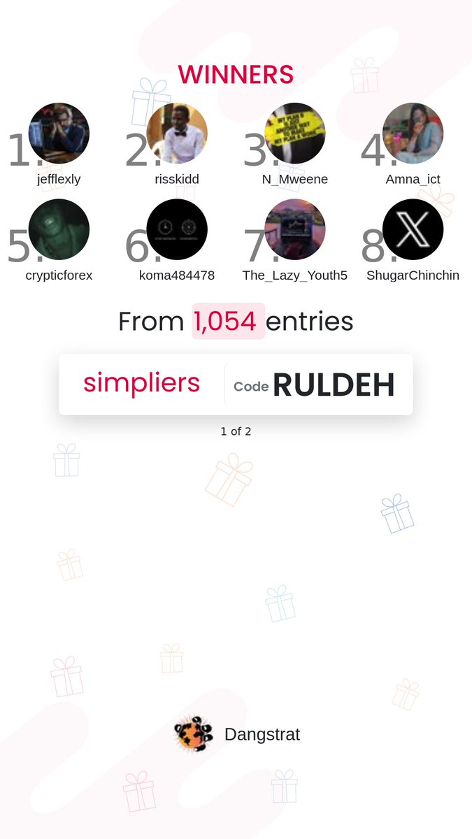Dangstrat's tweet photo. 🎁GIVEAWAY WINNERS🎁

1. @jefflexly 
2. @risskidd
3. @N_Mweene 
4. @Amna_ict 
5. @crypticforex 
6. @koma484478 
7. @The_Lazy_Youth5 
8. @ShugarChinchin 
9. @BrahimElal227 
10. @ChizoMato 

Winners please go on @SFTFirm website and reach out to their support to claim the account! https://t.co/lM8Z2wIeif