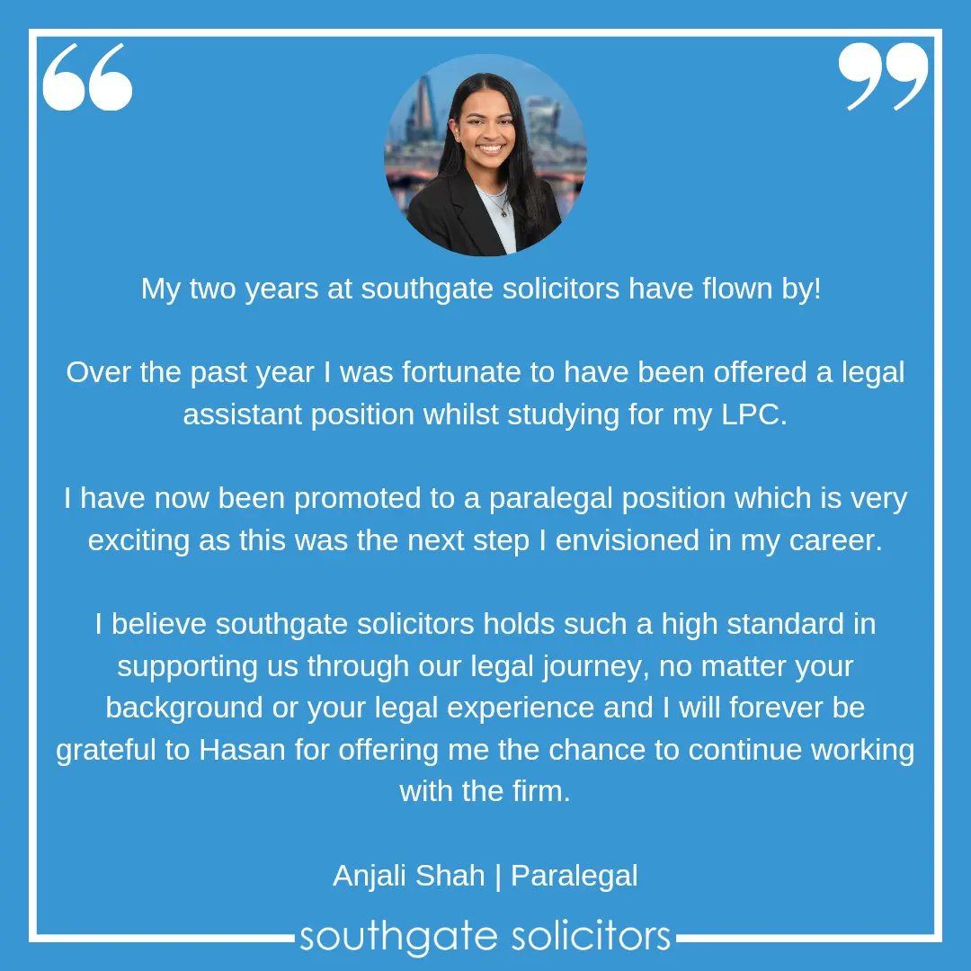 SouthgateSols's tweet photo. Congratulations to Anjali who celebrates her 2nd anniversary with us &amp; a promotion to paralegal 🎉

Anjali started with us as a client services executive &amp; moved onto a legal assistant role whilst studying for her LPC 🎓

Swipe to the second image to read about her time 💙 https://t.co/OqPia7LQrL