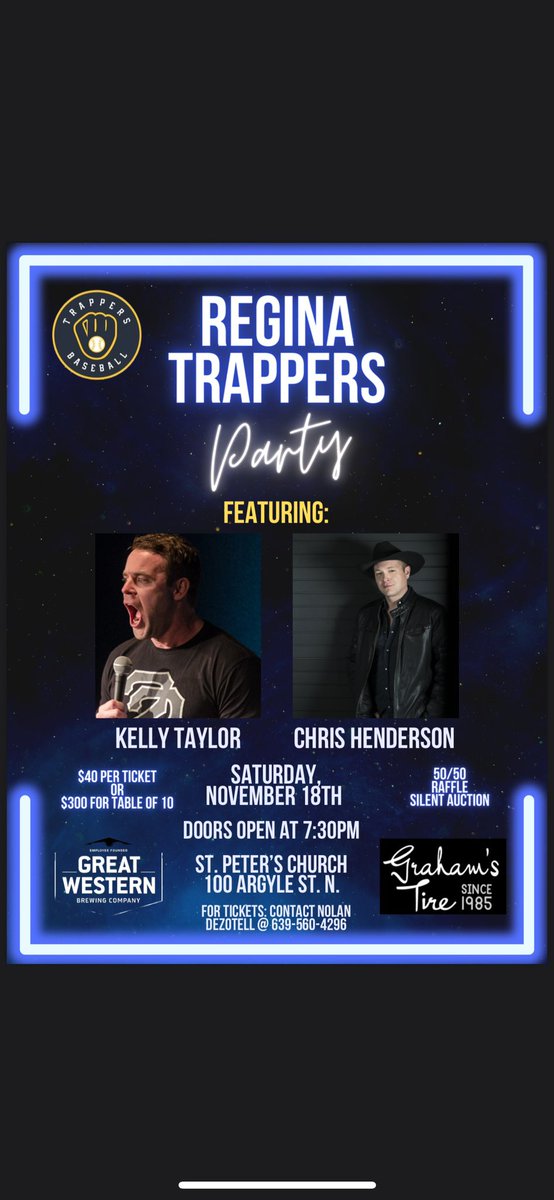 Come and celebrate our 🥈from the Senior Canadian National Baseball Championships!! 

Come and enjoy an awesome evening with Comedian Kelly Taylor and Canadian Country music artist Chris Henderson on Saturday November 18th!! 

Tickets are $40 each or a table of 10 for $300.
