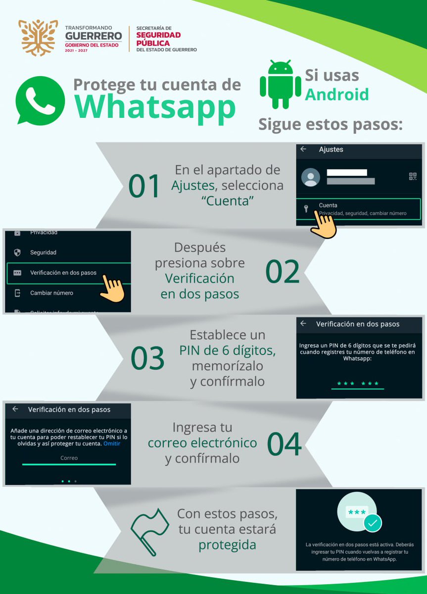 SSPGro's tweet photo. Protege tu cuenta de WhatsApp 📲, ¡Que no te la roben‼️, toma en cuenta las siguientes recomendaciones:

* 🚫 En Android sigue estos pasos. https://t.co/NYE1bZIdCd