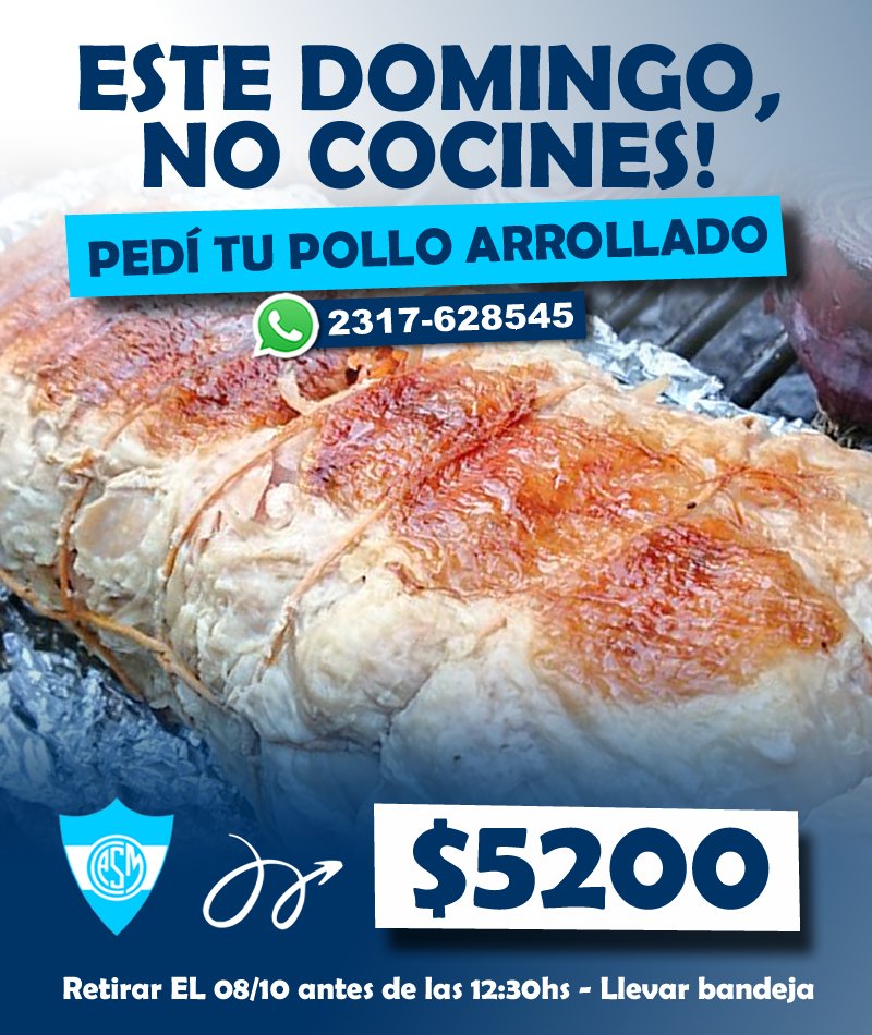 ClubASanMartin's tweet photo. 🚫 Este Domingo... NO COCINES!!!
🍗 Pedí tu #PolloArrollado!!!
📌 Retiralo el 08 de OCTUBRE antes de las 12:30hs. del mediodía!!!

😉 Pedilo a nuestro whatsapp 2317-628545
⚠️ Llevar bandeja!!!

#ClubAtléticoSanMartín https://t.co/9QVPSsHCwe