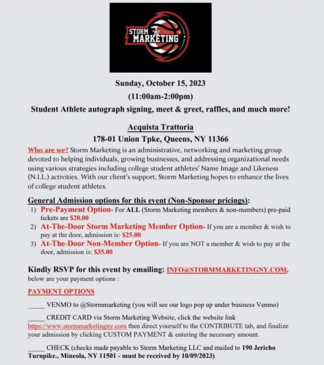 Calling all St. John’s fans, students, and alumni JOIN US on October 15th! 🚨

Start your day of fun with a Student Athlete Meet &amp; Greet. 

Allow the 15th to be a day of supporting your favorite teams. Come show <a href="/stjohnsbball/">St. John's Men’s Basketball</a> that you support THEM.

Pre-pay today! #sjubb #sjuwbb