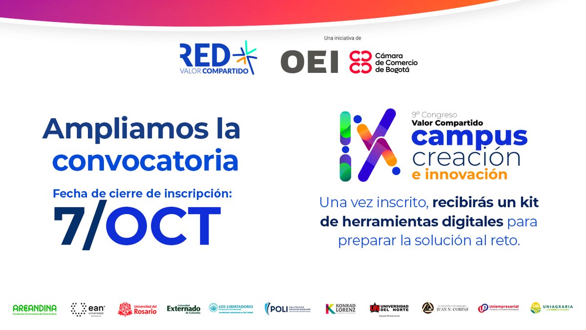 RedVCompartido's tweet photo. Todavía estas a tiempo! Ampliamos la convocatoria para que puedas inscribirte y participar este 31 de octubre en nuestro CAMPUS de Creación e Innovación de la @camaracomerbog. 
⏰Hasta el 7 de octubre tendrás la oportunidad de diligenciar el formulario https://t.co/Wnk7zHueis https://t.co/AAHefZQOYX