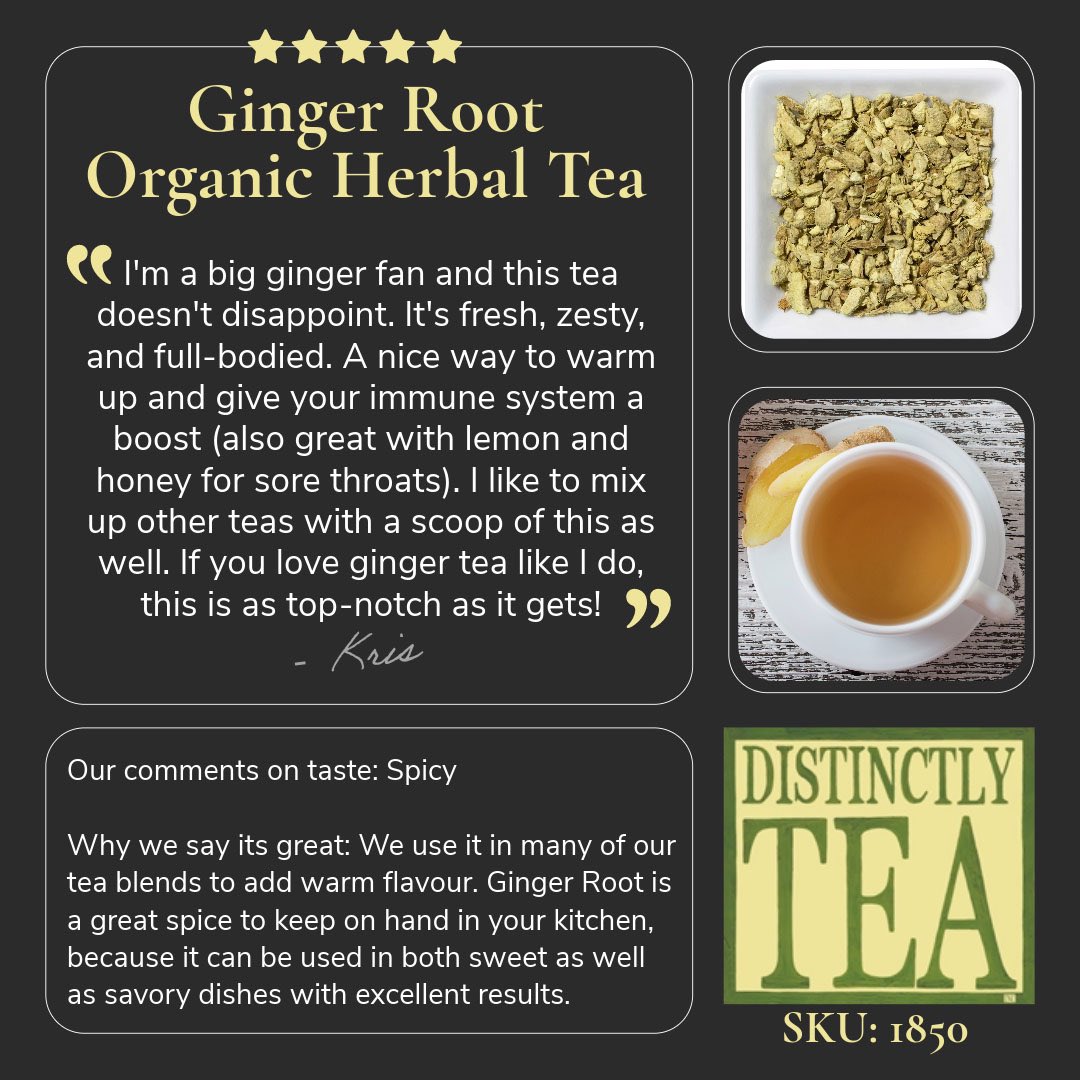 DistinctlyTea's tweet photo. Our comments on taste:Spicy
Why we say its great:
We use it in many of our tea blends to add warm flavour. Ginger Root is a great spice to keep on hand in your kitchen, because it can be used in both sweet as well as savory dishes with excellent results https://t.co/UVn4LxAbAL