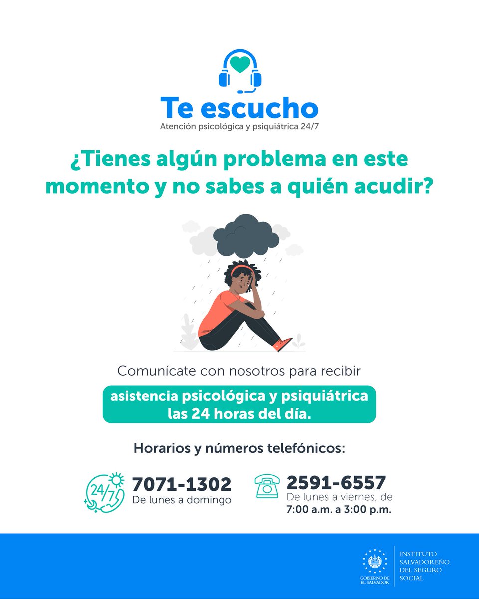 IrmaTapiaSV's tweet photo. En el país hay herramientas de ayuda en cuestiones de salud mental, aquí les dejo:

ISSS te escucha, no solo es para los cotizantes, sino a toda la población. https://t.co/1tT96r78UN