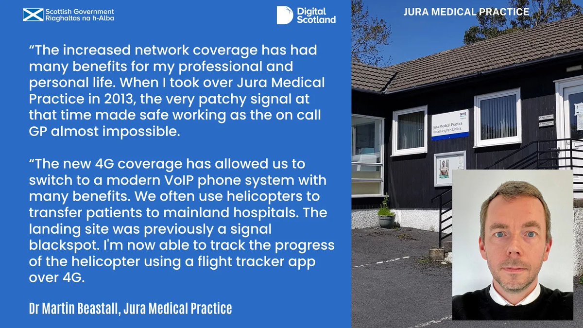 The two @scotgov #S4GI masts on the Isle of Jura are making a huge difference to this local community, providing vital coverage to the @NHSScotland and the emergencies services. Dr Martin Beastall from Jura Medical Practice told us the benefits of this new 4G coverage 👇