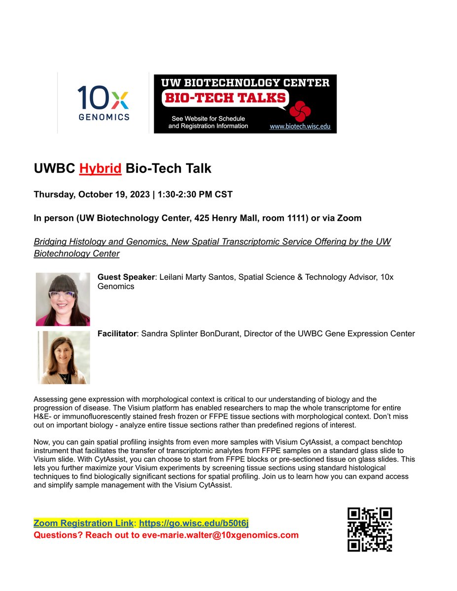 Join us on October 19th (1:30-2:30) for our monthly hybrid UWBC Bio-Tech Talk! Guest Speaker: Leilani Marty Santos <a href="/10xGenomics/">10x Genomics</a> "New Spatial Transcriptomic Service Offering by the UW Biotech Center" Come in person (425 Henry Mall) or join us via Zoom: go.wisc.edu/b50t6j