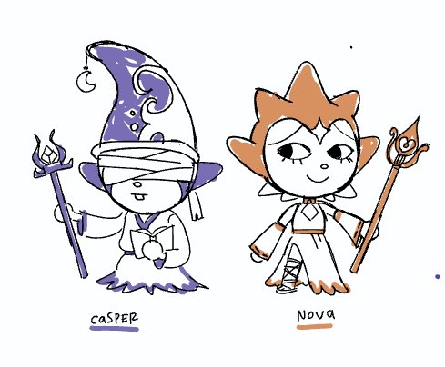Concept art I made of Casper and Nova in Fionna and Cake! I felt like a sun/moon motif was very fitting, and it was so cool to see <a href="/everydaylouie/">Louie Zong (on bluesky now)</a>’s gorgeous 3D models bring them to life!