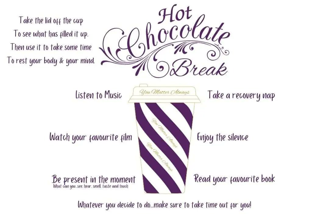 SuzieYMA's tweet photo. The #TrebleC peer support group with @SuzieYMA and @ForInverclyde wasn't on today. So, last week everyone went home with a little #HotChocolateBreak to use this week as a wee #selfcare reminder to take #timeout to #restandrestore in order to #refocus 💜💜💜 #YouMatterAlways https://t.co/lm3TabO4kO